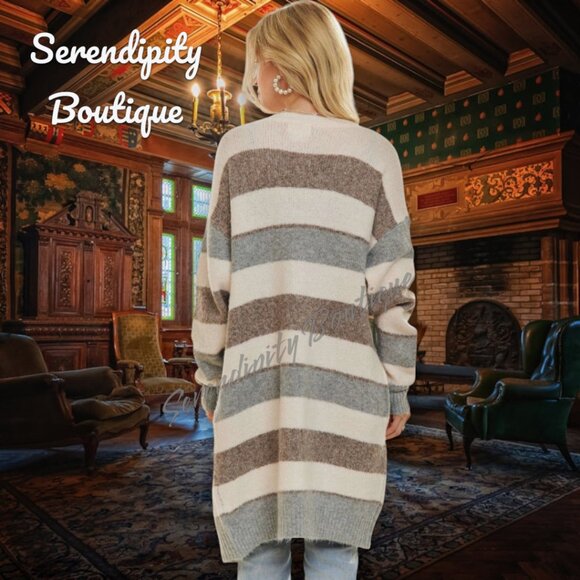 So Soft Snuggle Light Weight Long Duster Stripped Open Front Cardigan Duster - Picture 3 of 9